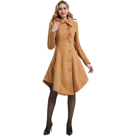 Women Khaki Wool Winter Goth Lapel Peacoat Outwear Thick Hood Trench Coat - Picture 6 of 6